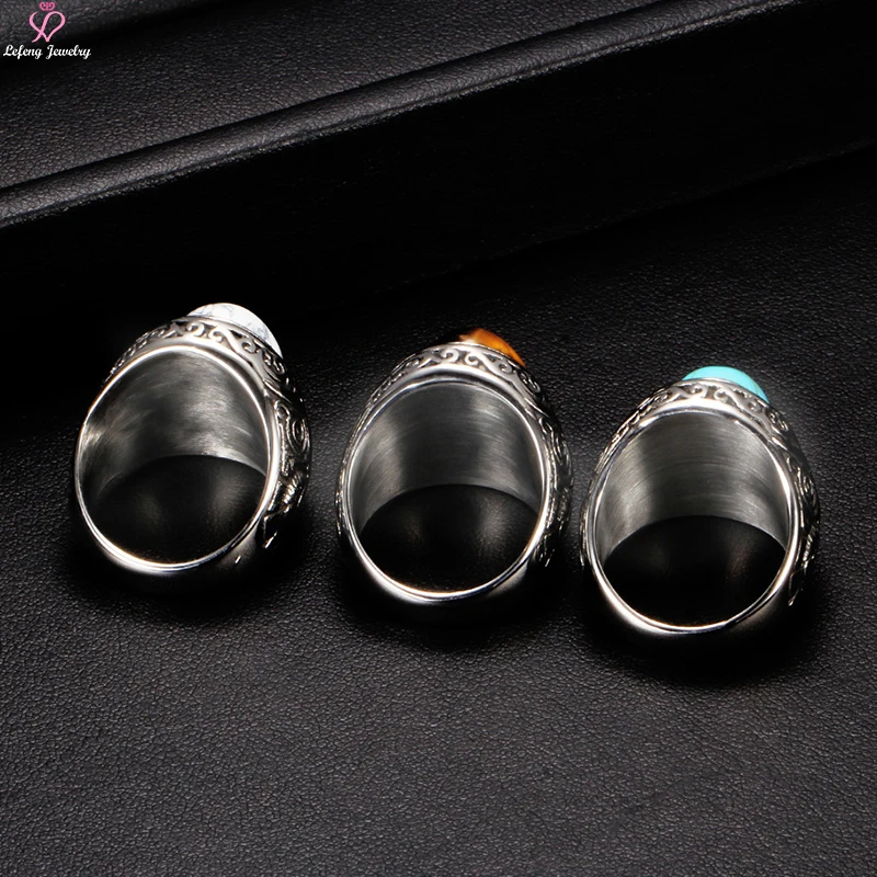 Lefeng Custom Vintage Stainless Steel Silver Men Turquoise Emerald Colored Gemstone Big Stone Ring