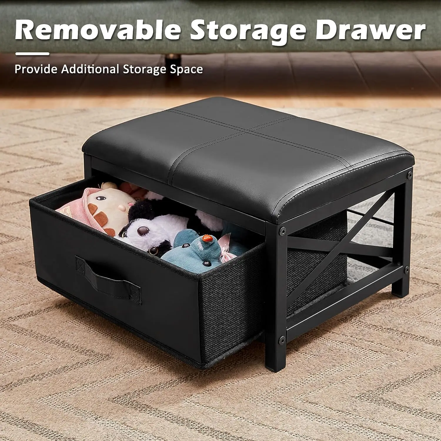 Small Foot Stool, Faux Leather Foot Rest Stool with Storage, Foot Stools Ottoman for Living Room Bedroom Entryway, Black