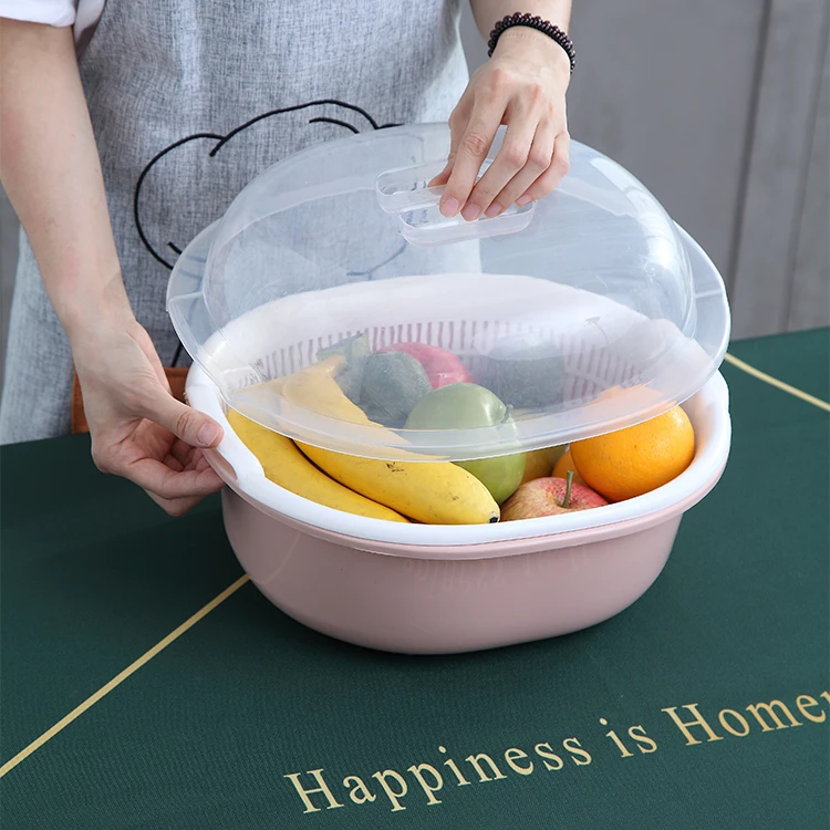 Wholesale Kitchen Tool Multii-funtion Fruit Vegetable Storage Double Layer Plastic Drain Basket With Lid