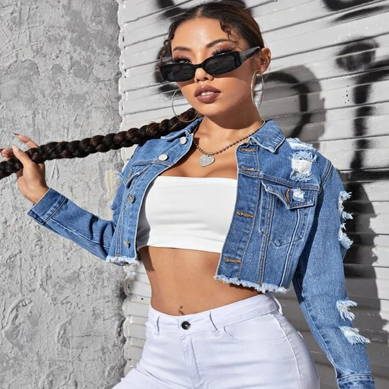 Wholesale Custom Logo Women Blue Jean Jacket Women Ripped Short Denim Jacket