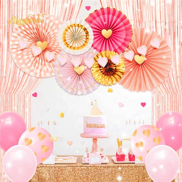 Umiss Bridal Shower Decorations Set, Rose Gold Tinsel Fringe Curtain Party Balloon Pink Gold Paper Fans for Wedding Love Party