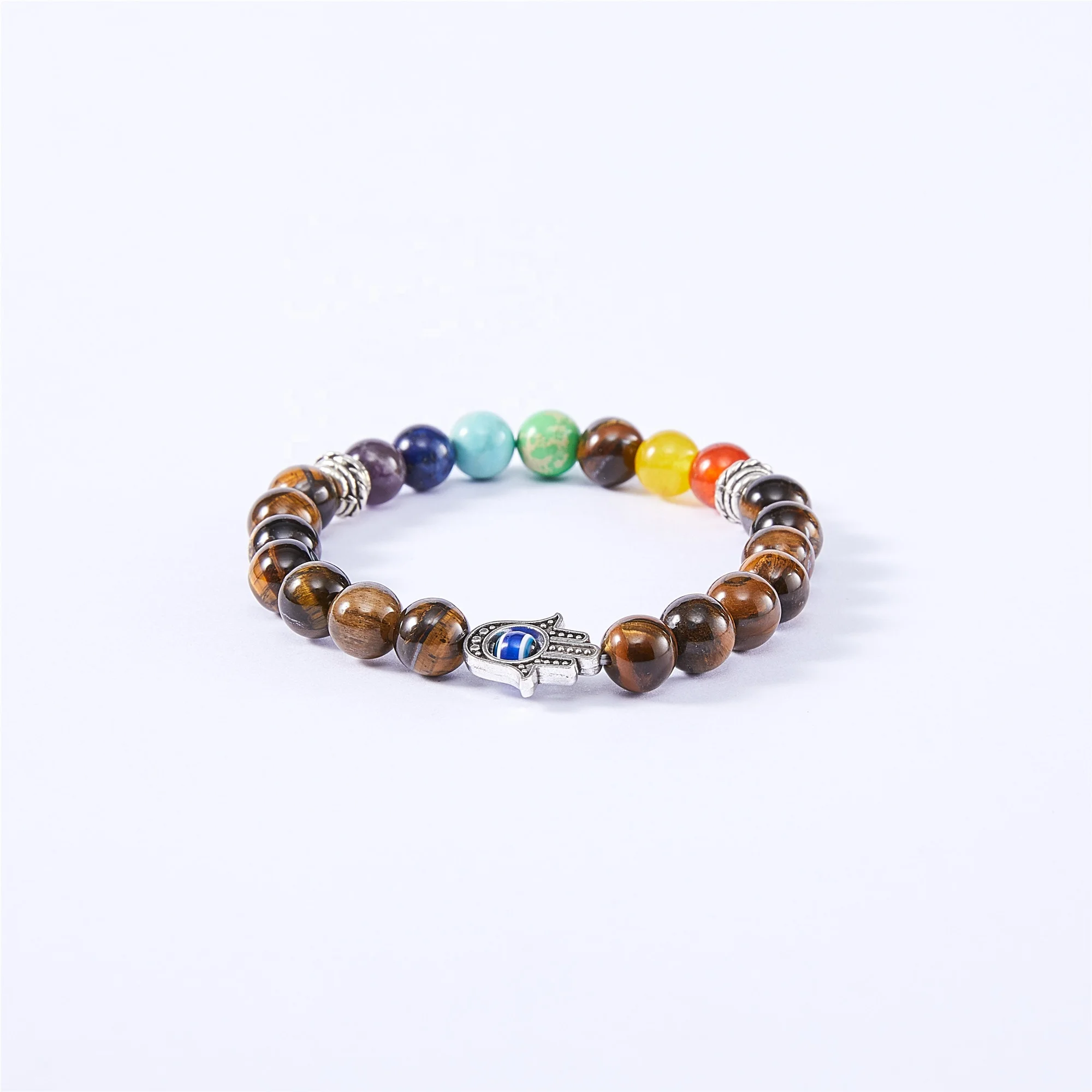 8mm Beads Bracelet Wholesale Men Natural Stone Hand Of Fatima Beaded Chakra Tiger Eye Bracelet