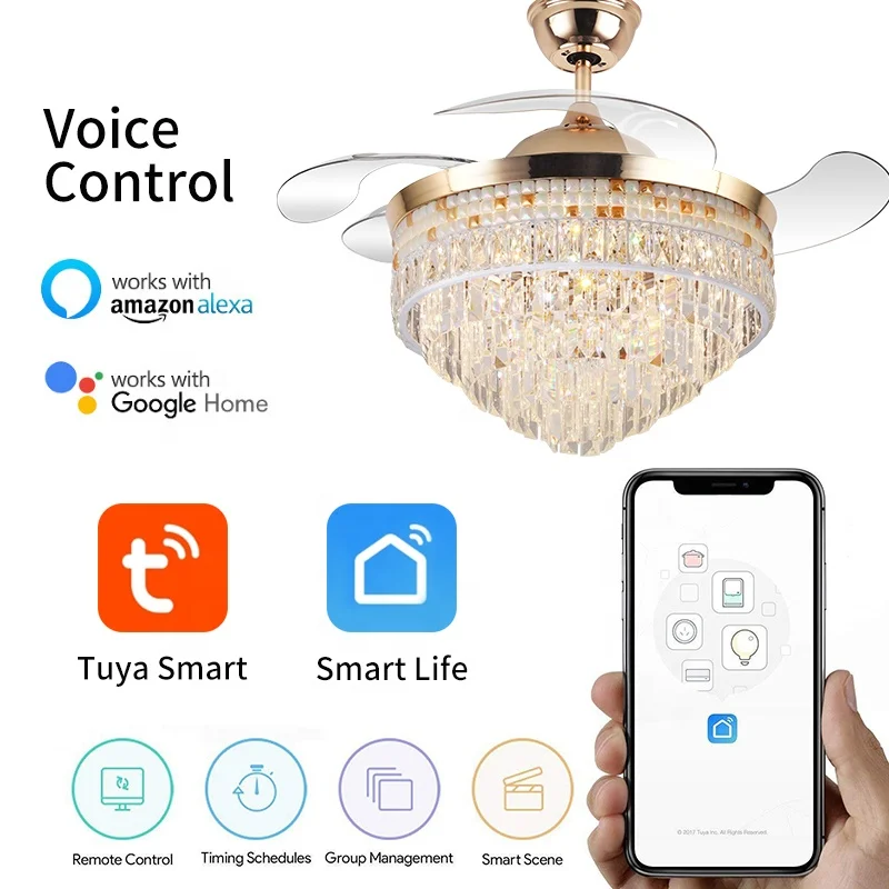 D004 crystal chandelier fan with 42inch with remote control ceiling fans with crystal chandeliers