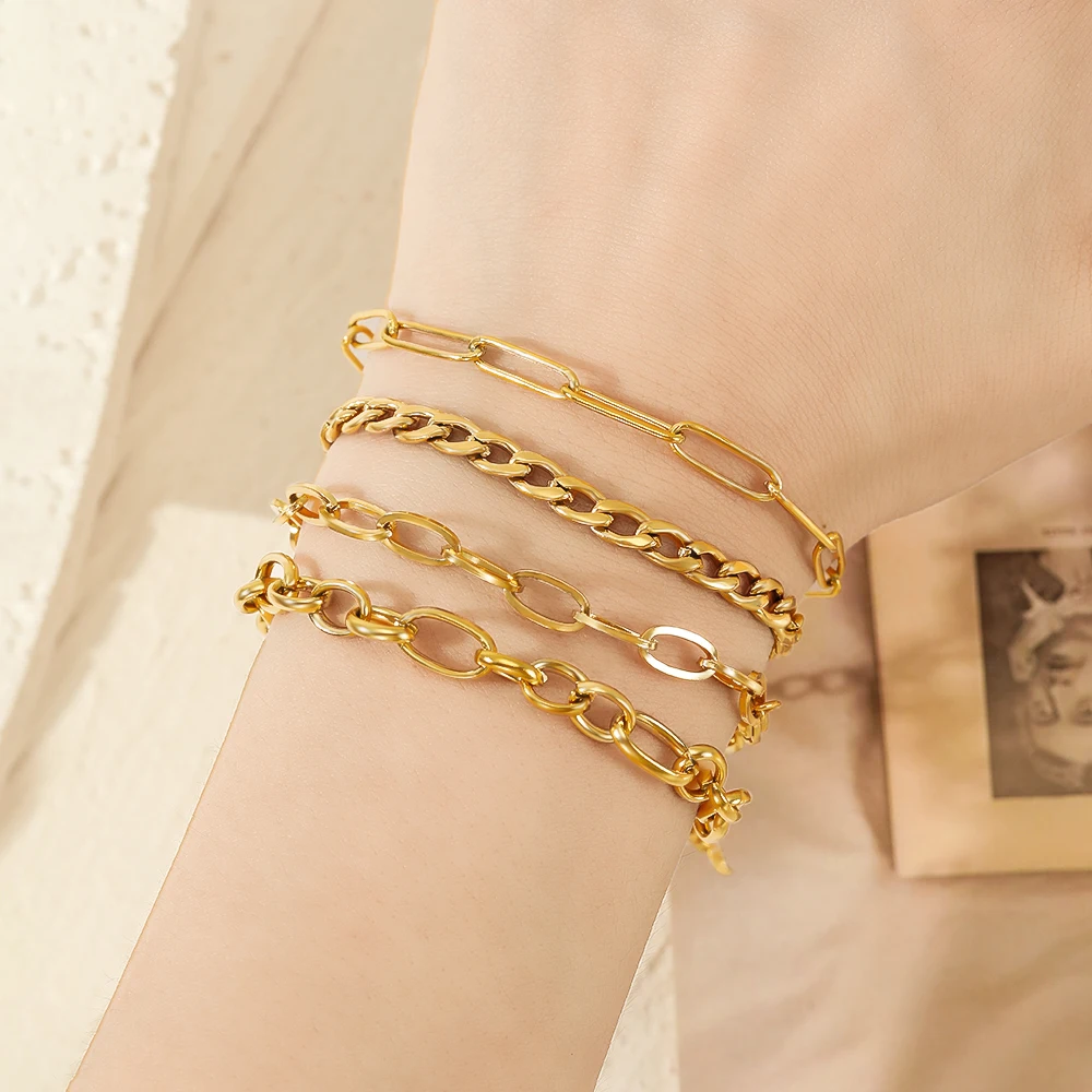 18K Gold Plated Stainless Steel Jewelry Miami Cuban Chain Bracelet Bangle Flat Snake Stacking Bracelet