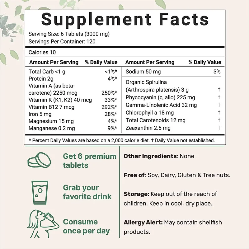 OEM/ODM/OBM Pure Natural Vegan Green Spirulina Extract Spirulina Tablets Bulk Healthcare Supplements Food Grade Spirulina Tablet