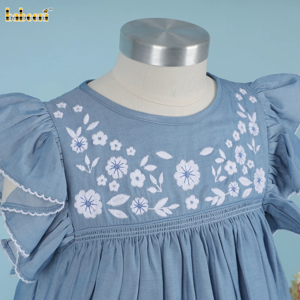 Girl Embroidered Flowers Blue Dress OEM ODM kid smocked baby dress smocked girl dress kids clothing wholesale - DR3804