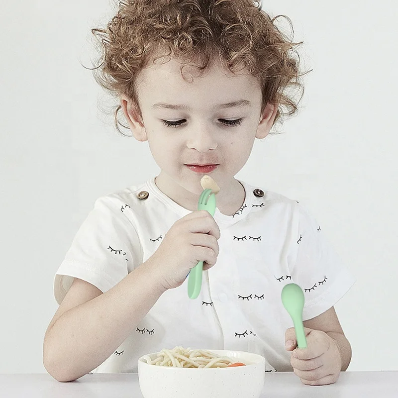 OEM Custom Wholesale Baby Feeding Soft Spoon Fork Set BPA Free Baby Dinnerware Utensils Food Grade Silicone