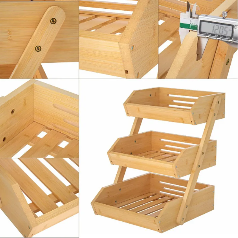 Kitchen Counter Vegetable Storage Organizer Stand Wooden Plate 3 Tier Fruit Holder Bamboo Fruit Basket
