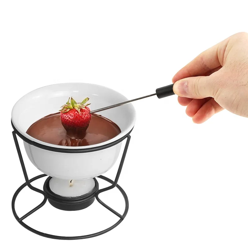 Hot Selling Ceramic Chocolate fondue pot with stand White Ceramic Chocolate Melting Pot with Fork For Home Restaurant Party
