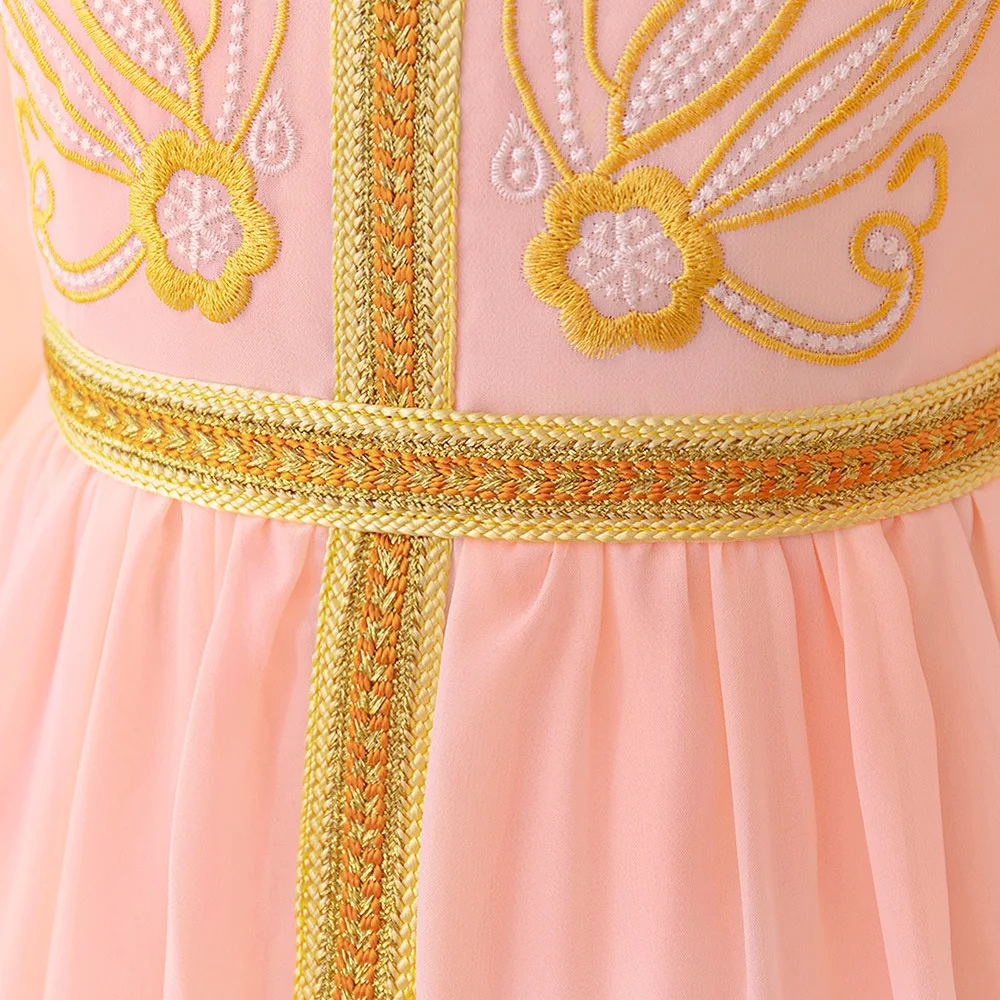 Long Sleeves Pink Muslim Embroidery Flower Girl Dress Fashion Islamic Clothes Kids Birthday Wedding Ball Gown