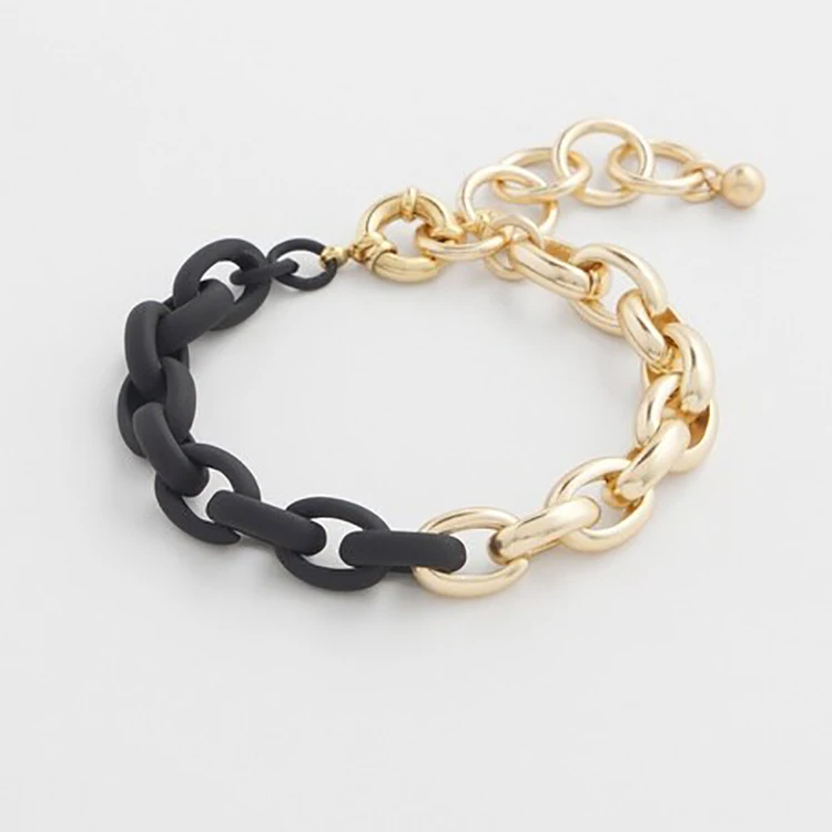 Classic Style Chunky Bracelet Heavy Metal Punk Matte Textured Black Gold Oval Link Bracelet
