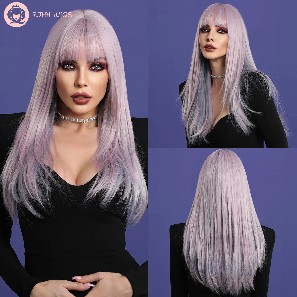 Highlights Wig with Bangs Long Straight Layered Lavender Purple Wig for Women Purple Ombre Wigs Synthetic 24 Inches for Cosplay