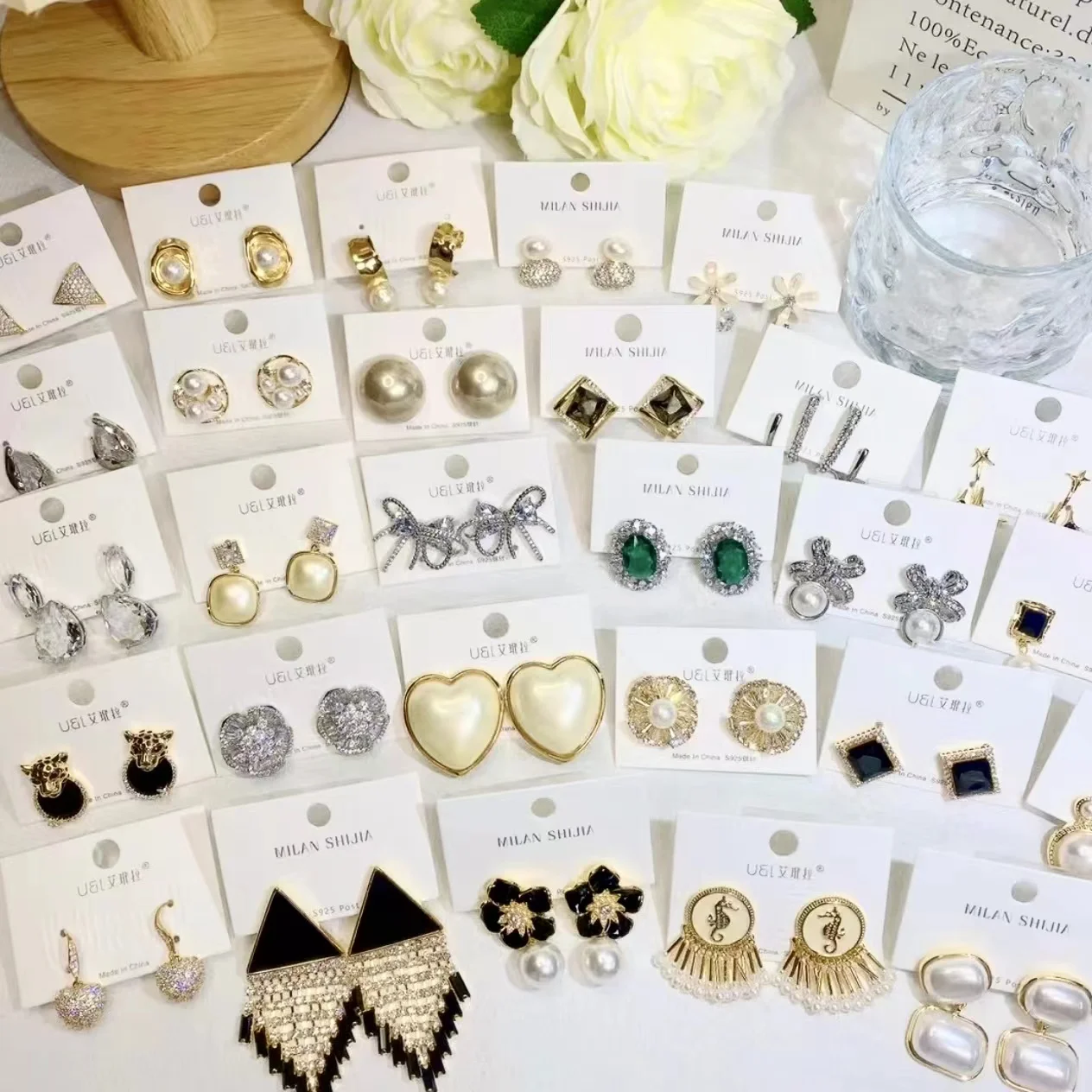 925 Silver Earrings in Kg Wholesale Jewelry Korean Zircon Classic Vintage Gold Plated Diamond Pearl Sterling Silver Earrings