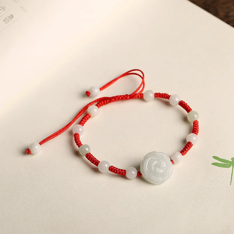 Natural Emerald Jade Bracelet Natural Emerald Rose Carved Parts DIY Hand Weaving Bracelet Ornament