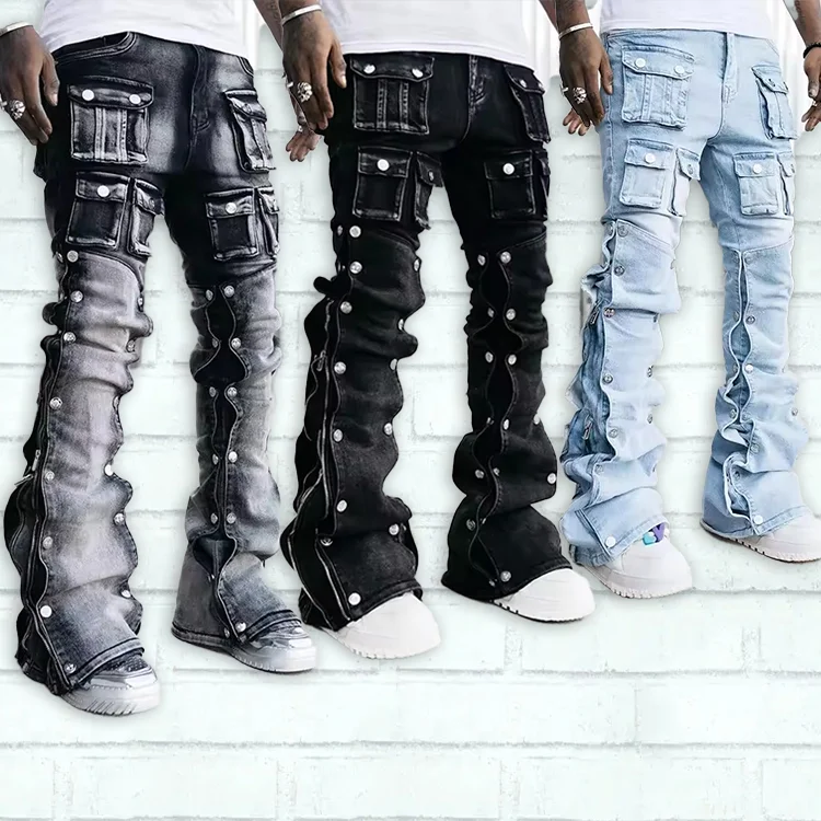Straight Leg Pockets Cargo Pants Decorate Zipper Rivet Slim Fit Stacked Denim Pants Flare Street Style Premium Jeans