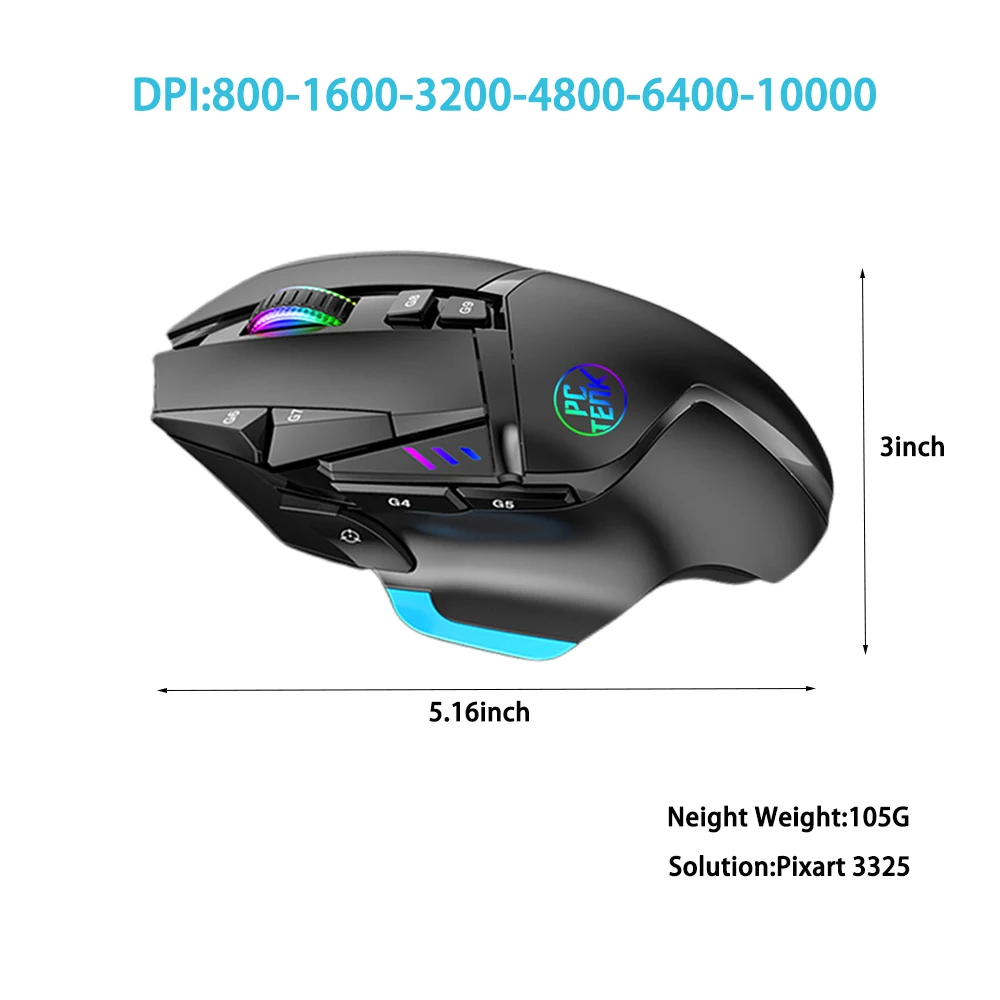 Wireless Gaming Mouse Pixart 3325 Hero Gaming Sensor 10000 DPI RGB Ultra Light 11 Programmable Buttons Long Life Battery