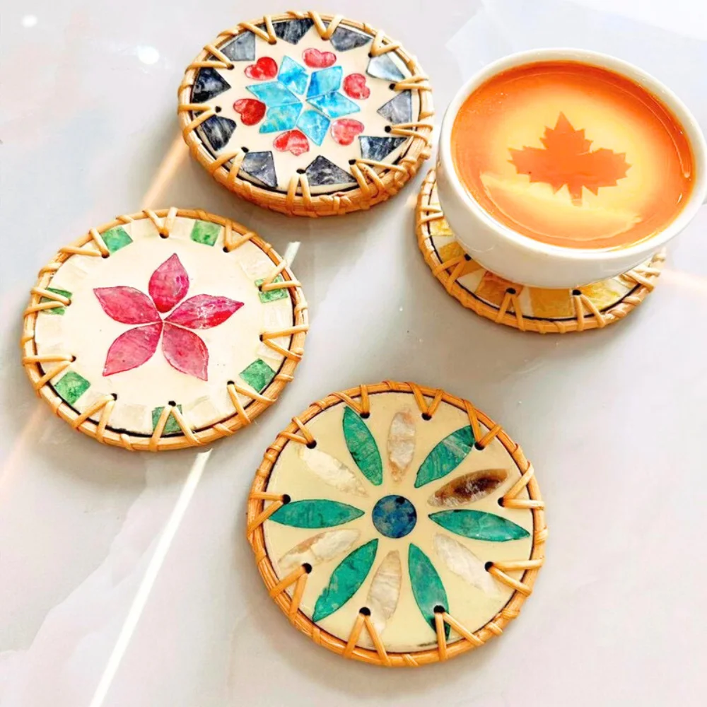 Винтажные экологически чистые круглые мозаичные коврики из ротанга для стола и подставки чашек многоцветные плетеные изделия Вьетнама