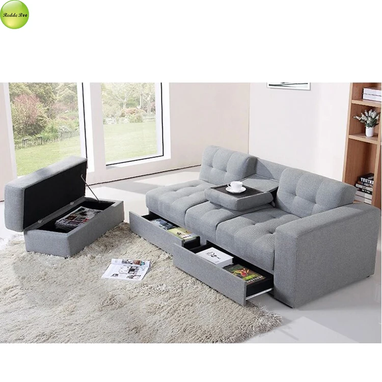 Modern multifunction L shape furniture for living room fabric sofa bed with storage box