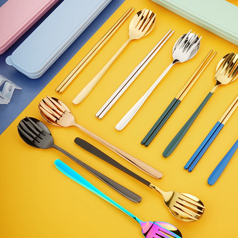 Portable Fork Spoon Chopsticks flatware set stainless steel cutlery with box