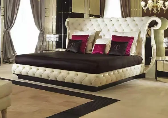 Furnistyle Queen Kind Size Bedroom Furniture Italian Latest Design Luxury Bed Double Tufted Headboard Leather Upholstered Bed