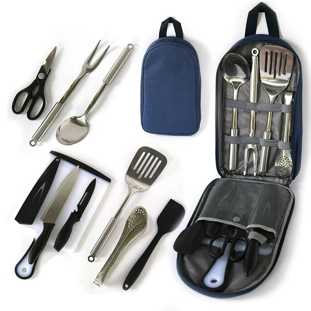 Portable 9-10 PCS Travel Camp Kitchen Utensil Organizer Case Set Knife Cutting Tool Bag