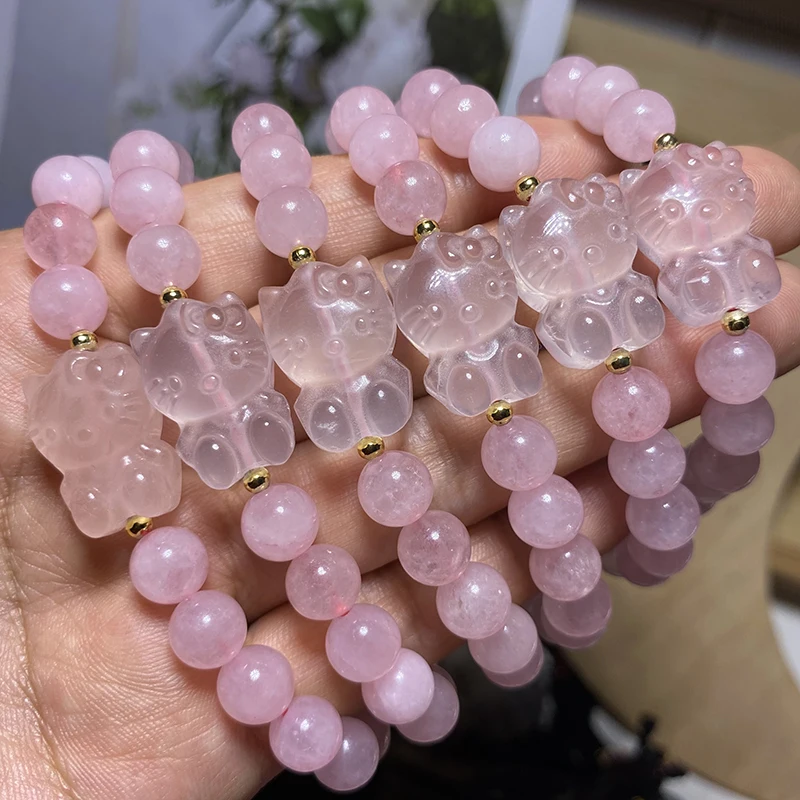 Bulk Wholesale Multi Natural Gemstone Crystal Kitty Bracelet Spiritual Healing Rose Quartz Hello Kitty Crystal Bracelets