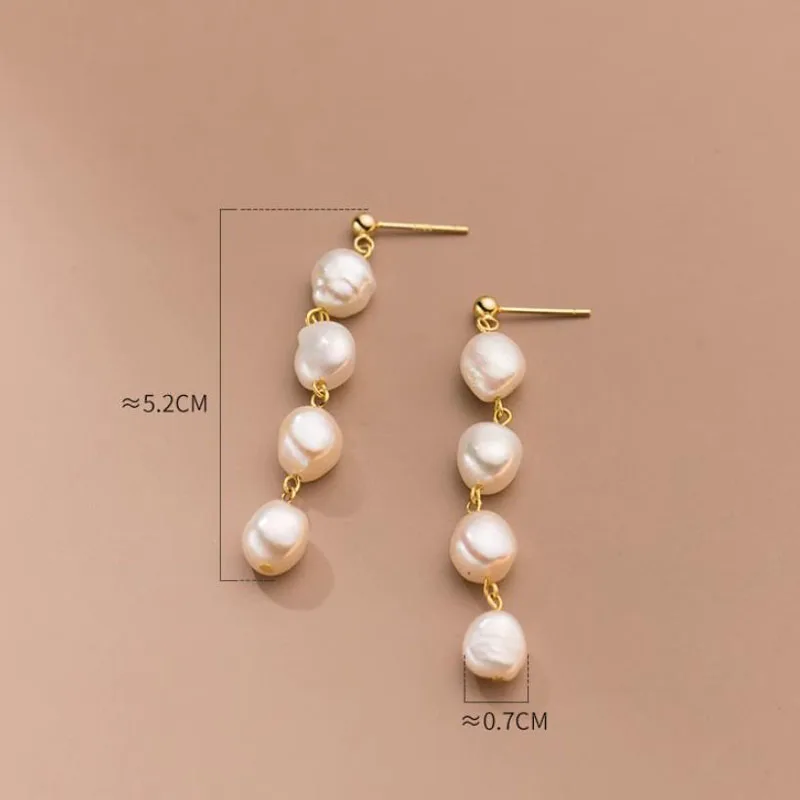 925 Sterling Silver 18K Gold Plated Handmade Baroque Freshwater Pearl Tassel Dangle Earrings For Girls