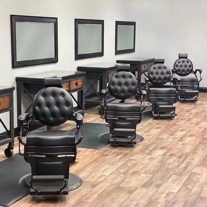 Hair salon vintage barber chair brown leather with black frame hair cutting salon styling chair for men