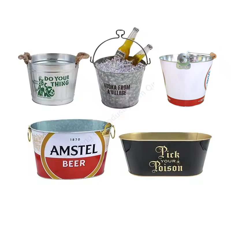 Round square oval customized 1L 3L 5L 6L 8L 10L 15L 20L screen imprint varnishing galvanized metal beer ice bucket with opener