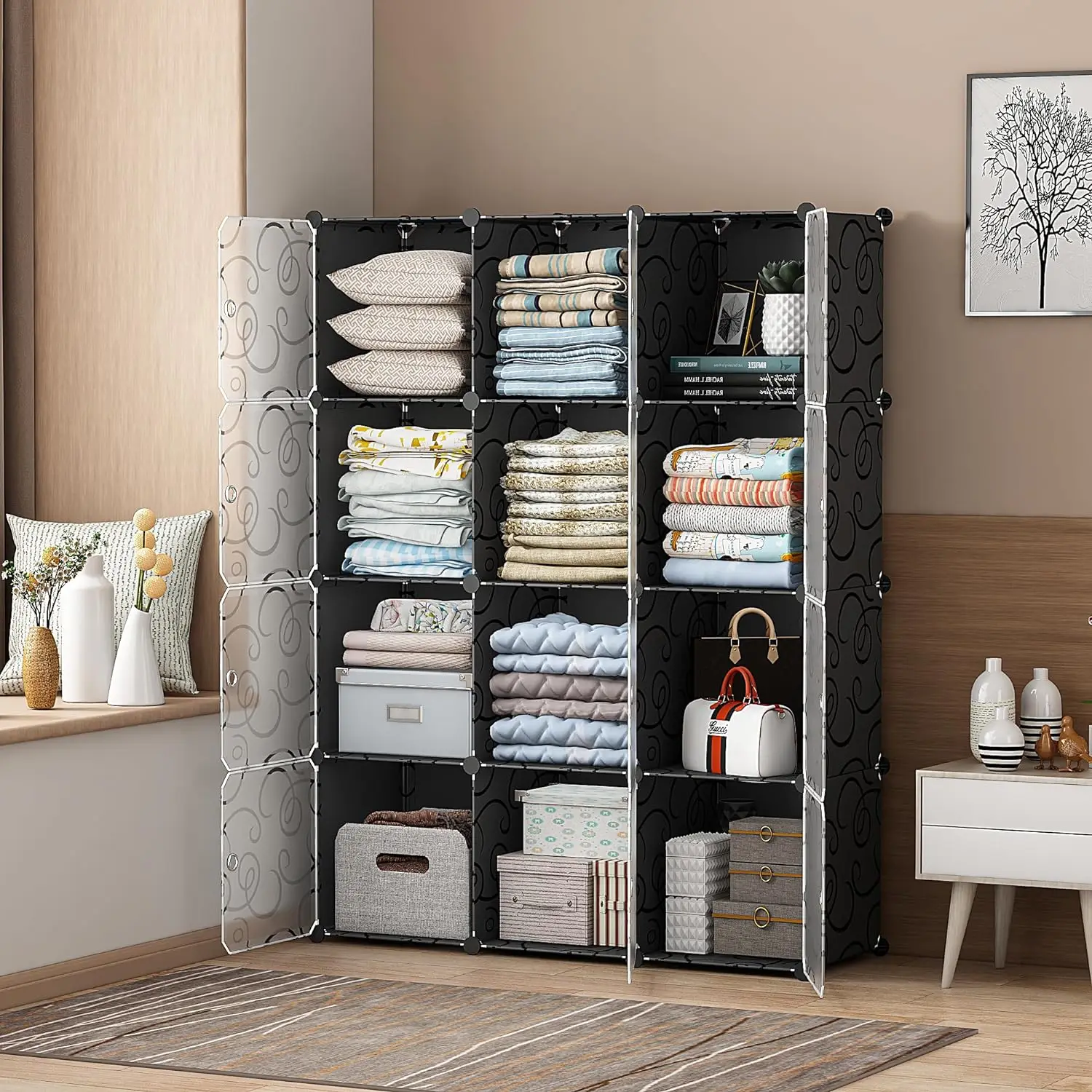 20 Cube Diy Clothes Storage Organizer Black With White Clear Door Portable Closet Storage Shelves Plastic Cube Wardrobe