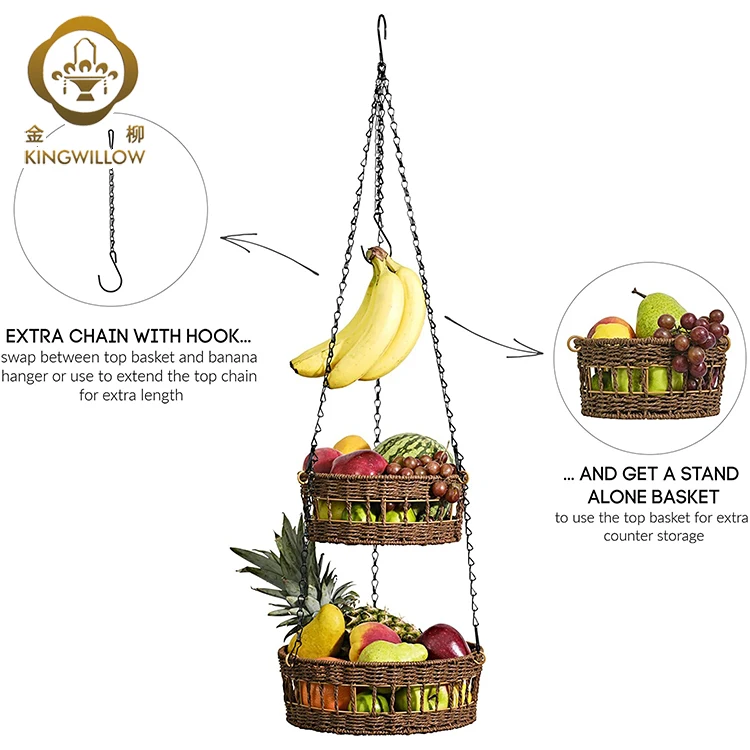 Kingwillow домашний сад забор тканый завод цветок на стену из бумажной ленты тканые 3 яруса кружевных подвесная корзина для фруктов с одной главной балкой с крючком