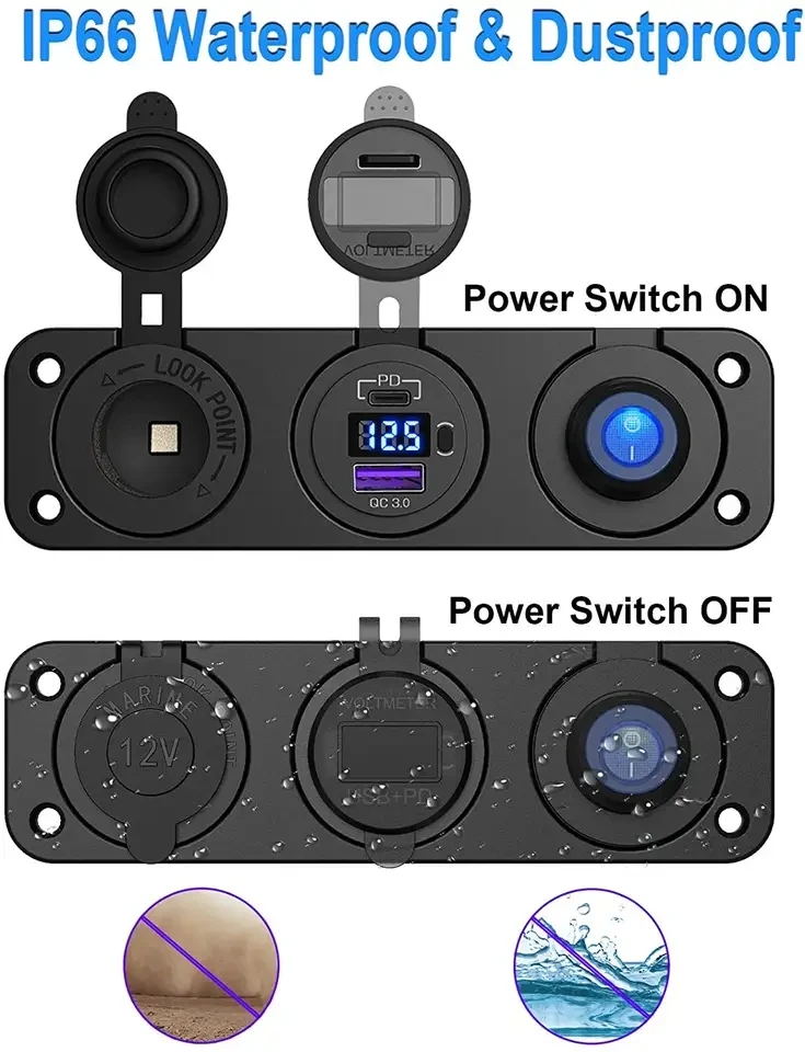 48W PD3.0 & QC3.0 USB C Car Charger and Waterproof Rocker Toggle Switch 12V/24V USB Outlet Panel mount