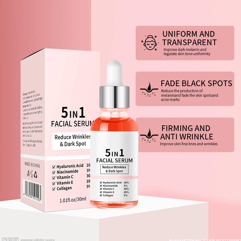Private Label 5-in-1 Brightening Hyaluronic Acid Vitamins C & E Instant Boost Anti-Aging Peptide Collagen Facial Serum