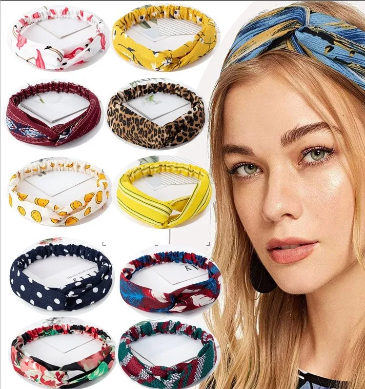 Women Bohemian Floral Pattern Knotted Cross Hair Bands Elegant Vintage Headwear Headband Hair Accessories