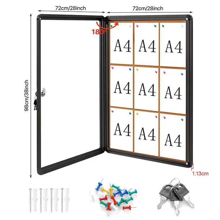 
Shatterproof acrylic door enclosed cork showcase display messages memo board lockable notice bulletin board 