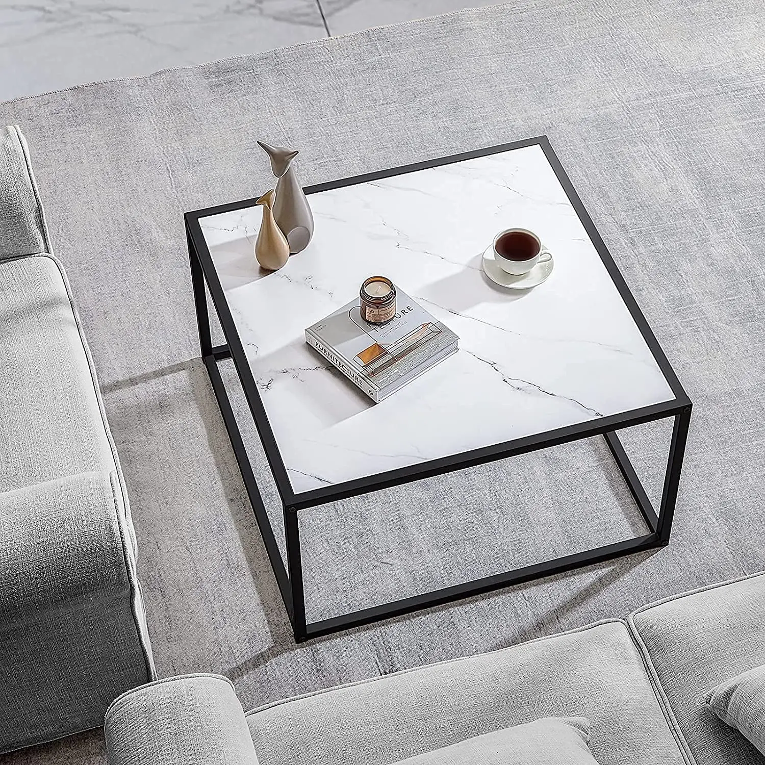 Marble pattern black metal square coffee table