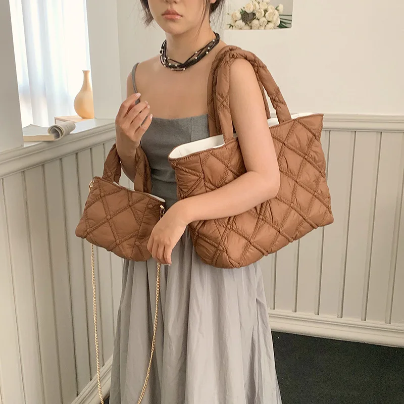 Winter New Lingge Cotton Clothes Women Shoulder Bag Nylon Handbag Ladies Large Capacity Hand Tote Bag