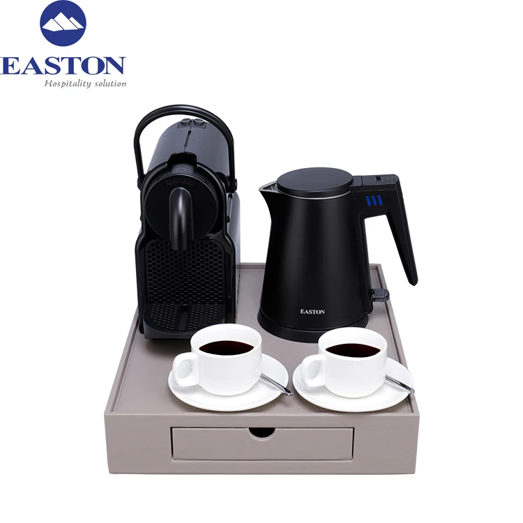Elegant design hotel guest room coffee table set black kettle with matching holding tray
