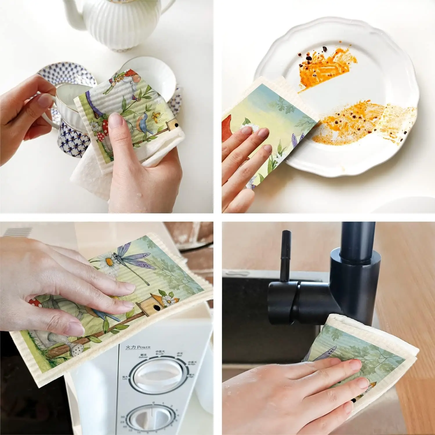 Biodegradable Scratch-resistant Reusable Cellulose Sponge Cloth Spring flower dwarf print pattern Swedish dish cloth