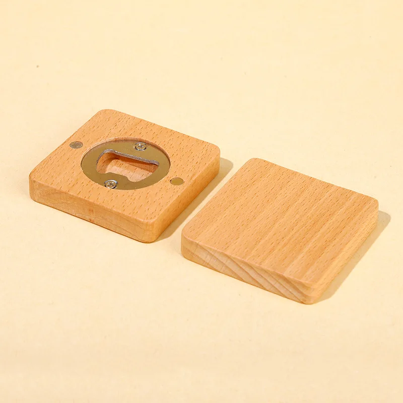 Wholesale Eco-friendly Wooden Bamboo Fridge Magnet Custom Beer Bottle Opener Portable Stainless Steel Magnetic Round Coaster