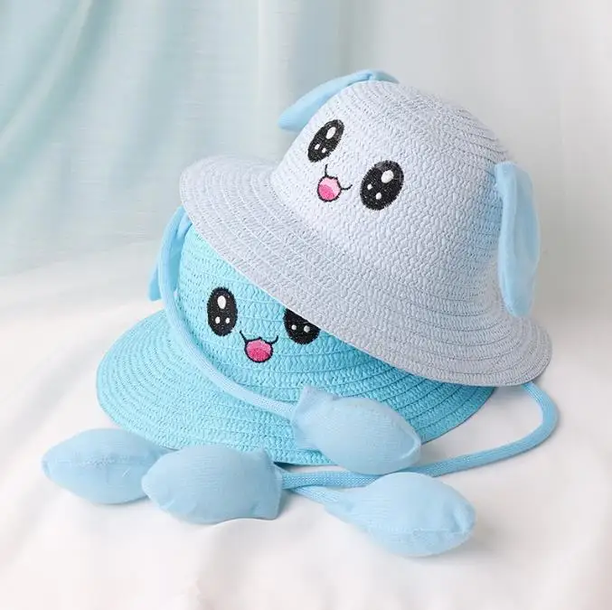 Tiktok Hot Style Kids Cute Rabbit Straw Hat Funny Moving Ears Summer Outdoor Beach Sunhat for Boys Girls Children Plain 7 Cm