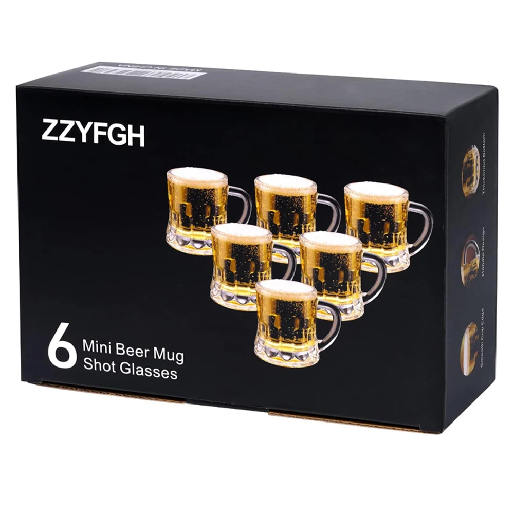 6pcs Clear Glass Set Beer Glass with Handle 1.8Oz Thick Bottom Wine Glass Gift Box Suitable for Party Birthday Wedding