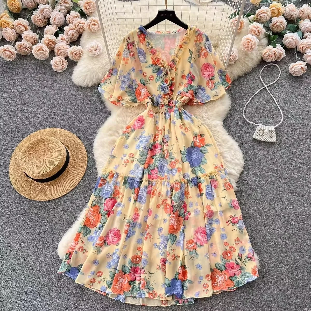 Manufacturers wholesale 2024 Fashion Slim Summer New fringe Lace dress Ladies Fluffy short sleeve elegant dress