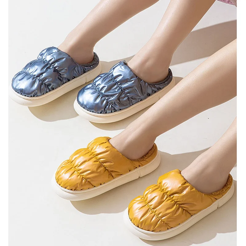 Super Fashion Cold Winter Plush Warm Furry Home Slippers Non-slip Flat Slides Down Jacket Design Indoor Unisex Slippers