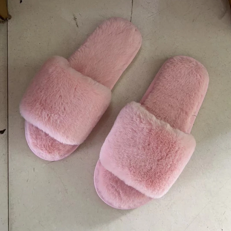 High quality indoor winter home non-slip shoes women warm plush fuzzy faux fur slippers