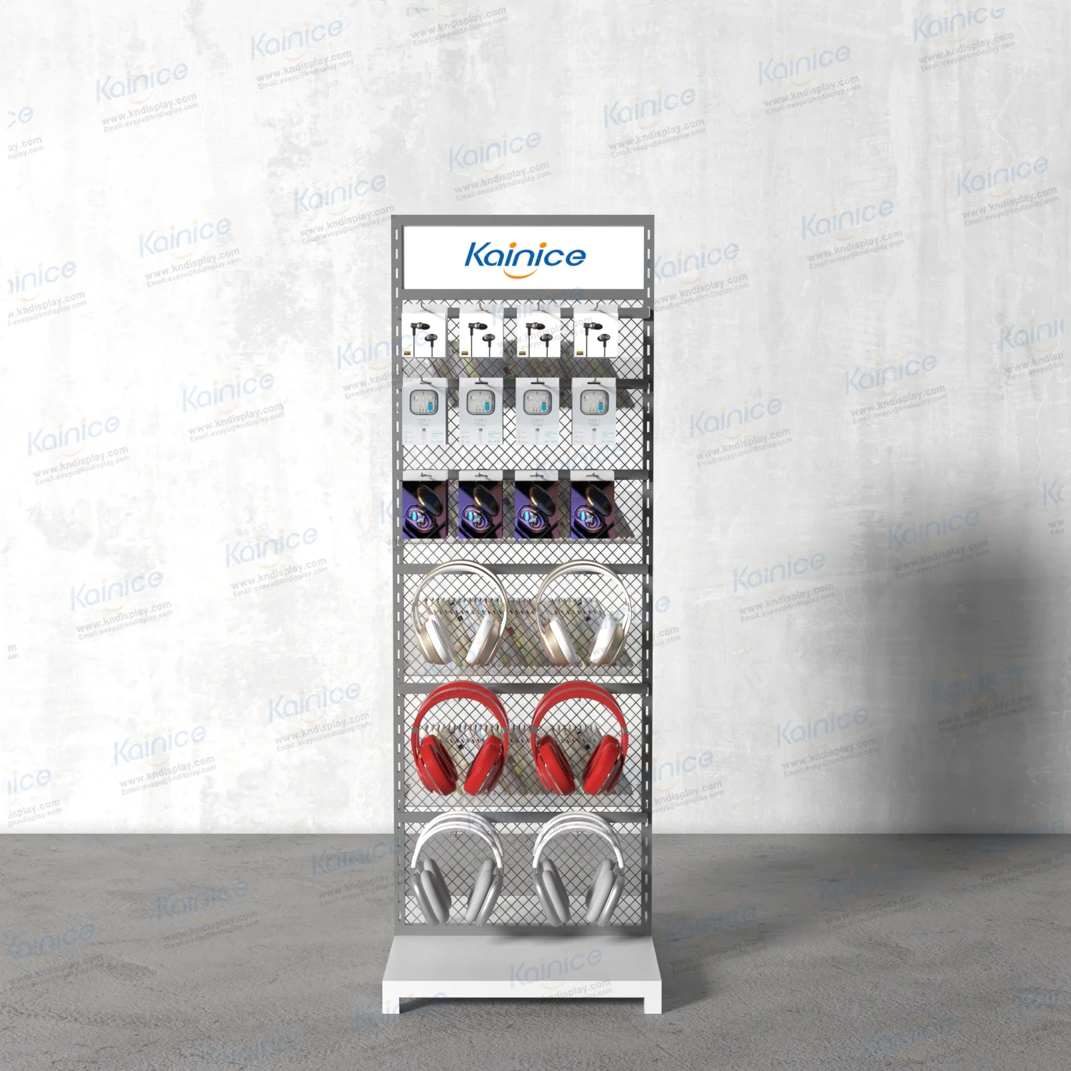 Kainice Floor Wire Mesh Display Net Rack Hook Hanging Grid Floor Stand Retail Shop Metallic Display Racks Product Display Stand