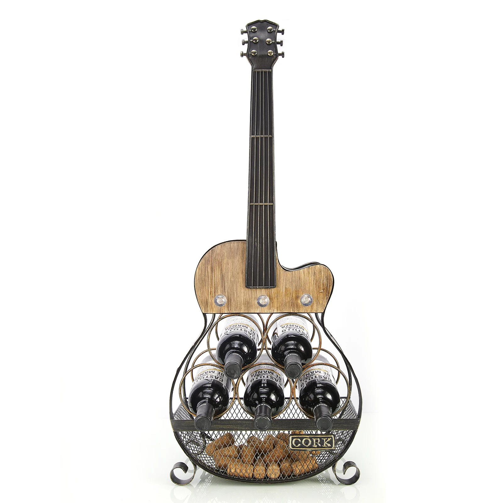 wholesale Metal/Wood  LED Guitar Free standing 5 Bottles Wine bottle Holder For Home Kitchen Countertop
