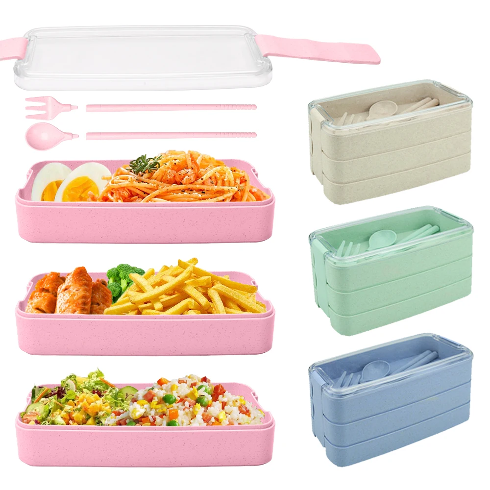 Amazon Hot Sell Wheat Straw Stackable 3 Layer Lunch Box Eco-Friendly Bento Box
