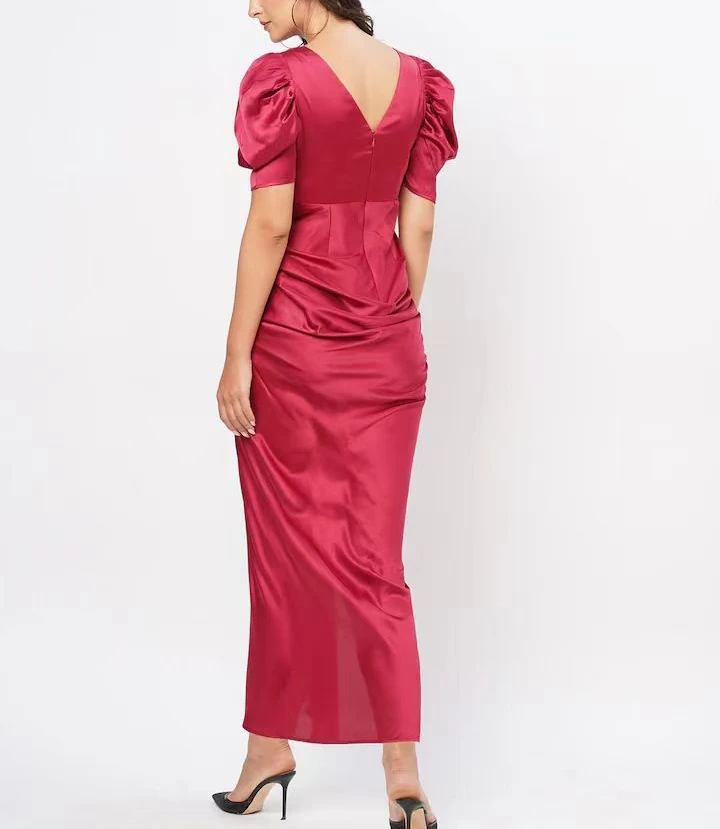 Supplier Custom 2024 Latest Designs Satin Puff Sleeve Long Dress Women Woven Fabric Natural Waistline Pattern Simple Fits