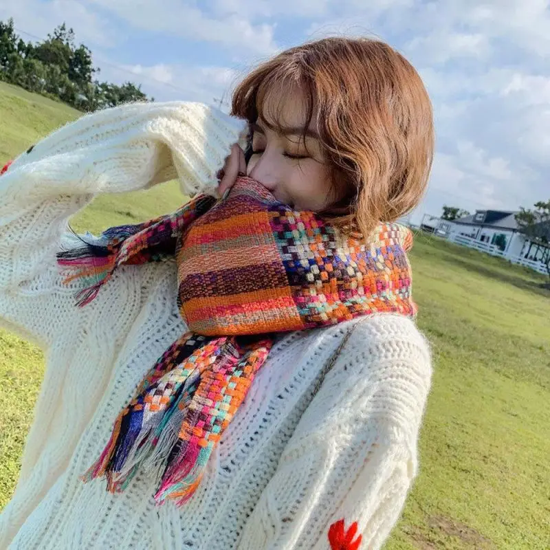 Вязаный цветной шарф в полоску на осень/зиму, длинный плотный теплый шарф с бахромой